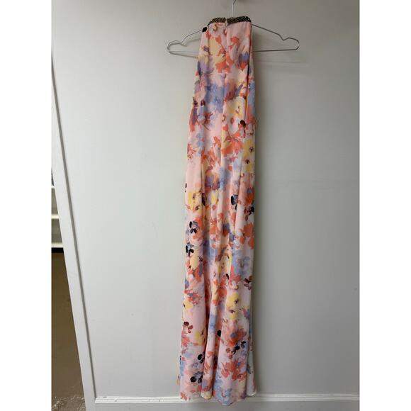 Calvin Klein Chiffon Floral Print Beaded Halter Draped Maxi Dress Pink Size 12 - Picture 5 of 8
